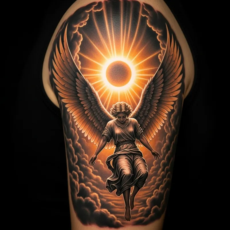 Detailed Fallen Angel Tattoo Design Under Two Sun Halos