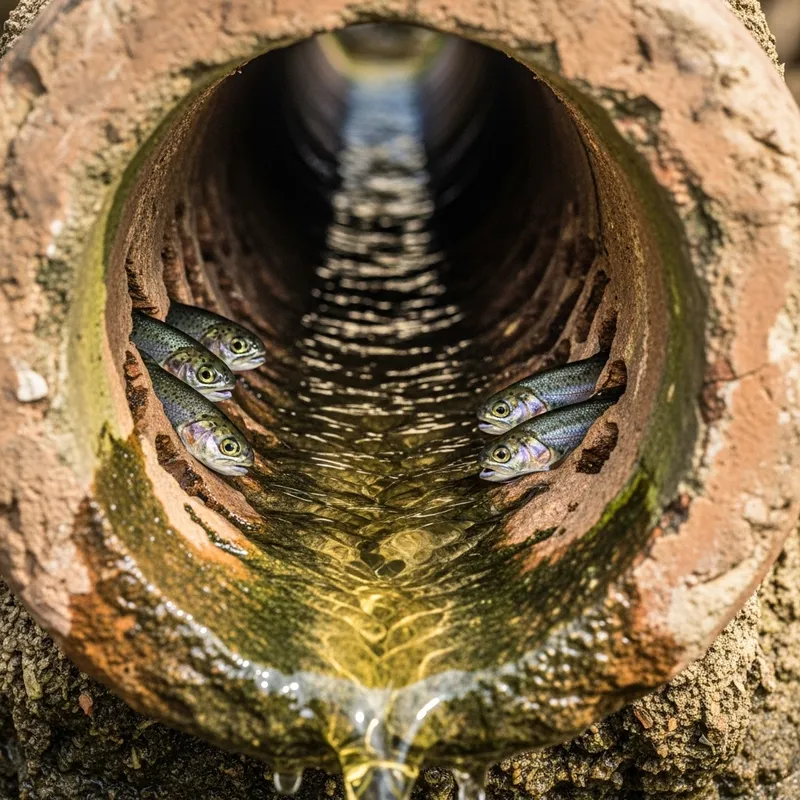 Trout in Yellow Water: Narrow Clay Pipe with Tiny Crevices