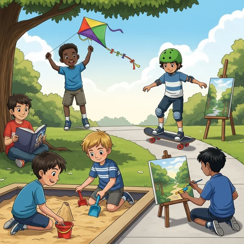 Diverse Boys Engaging in Summer Park Activities