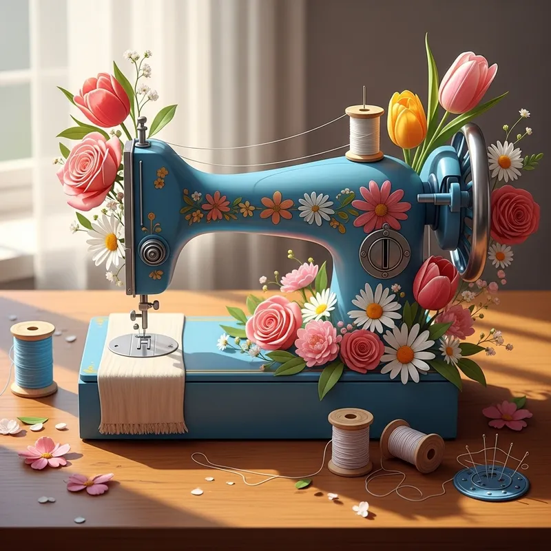 Vintage Sewing Machine Logo with Floral Design and Wooden Tabletop