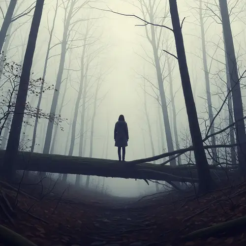 Ethereal Figure in Foggy Forest: Impressionist Solitude