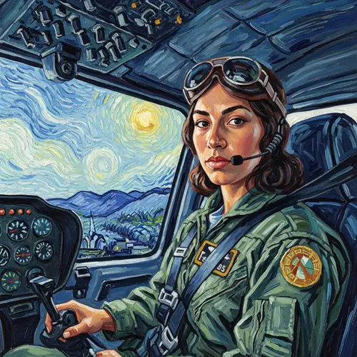Van Gogh Style Female Hispanic Helicopter Pilot in Cockpit