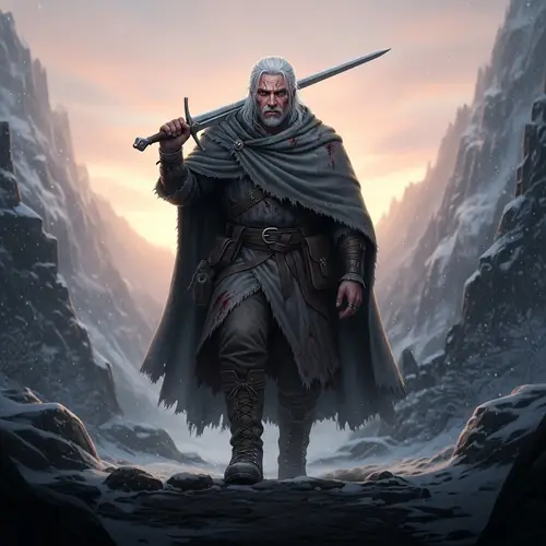 Gallant Warrior Ascending from Snowy Valley at Sunrise