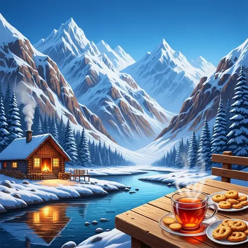 Serene Mountain Scene with Snow-Covered Peaks and Rustic Hut