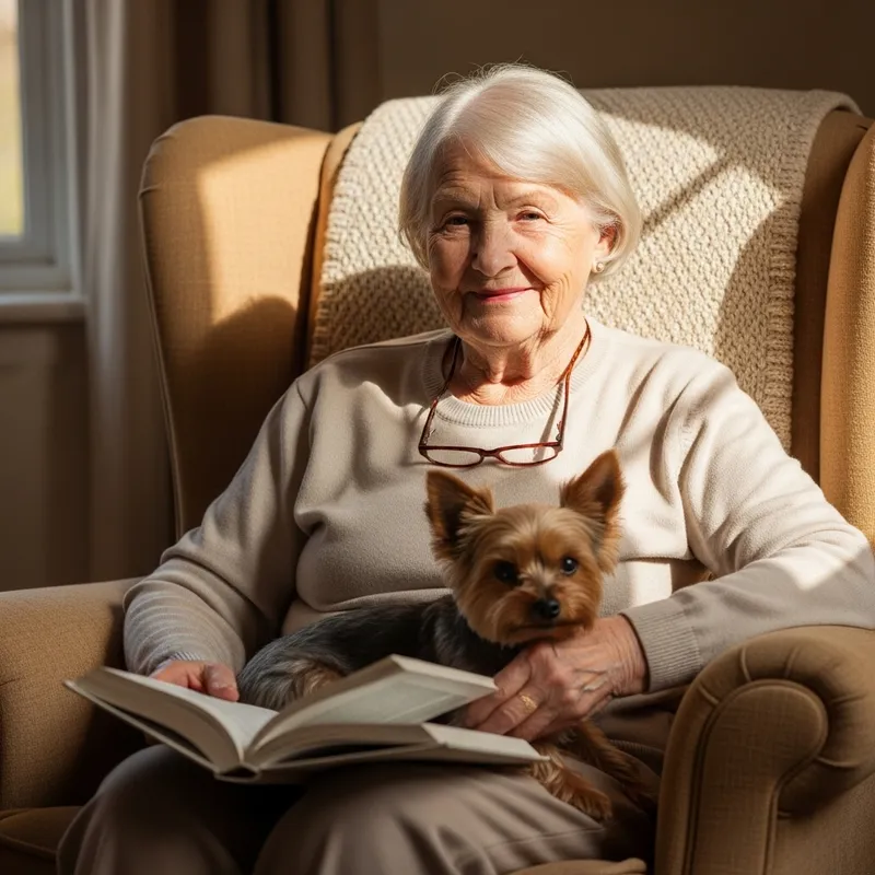 Elderly Lady Serenely Reading with Yorkshire Terrier Elderly Lady Serenely Reading with Yorkshire Terrier