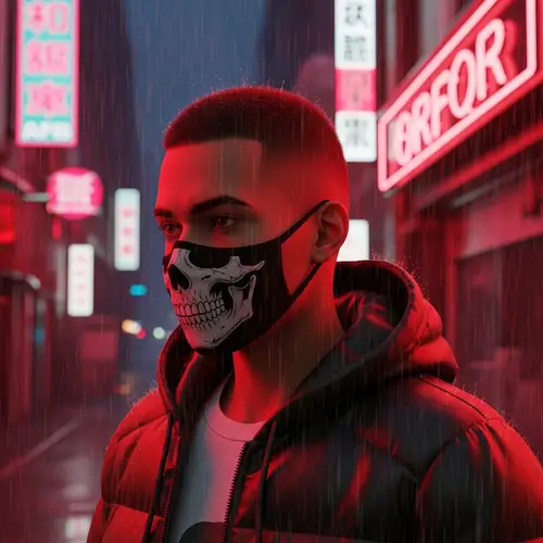 Vintage '90s Anime Art: Young Guy in Black Skull Mask