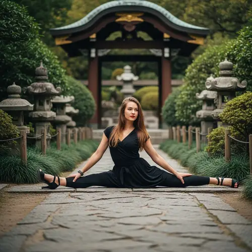 Elegant Russian Girl in Black Heels in Japanese Garden