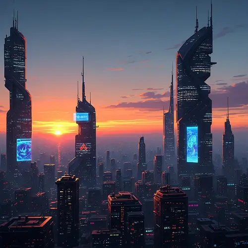 Futuristic City Skyline at Sunset - Impressionist Era Colors