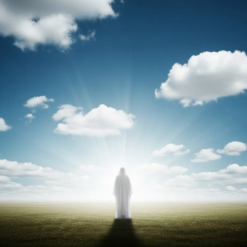Ethereal White Robed Figure in Field, Sky Background
