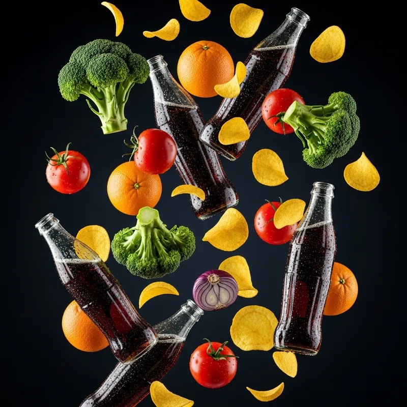 Vibrant Food Items Falling on Dark Background