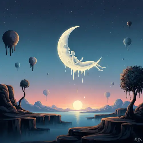 Surreal Moonlit Scene with Crescent Man - Ethereal Art