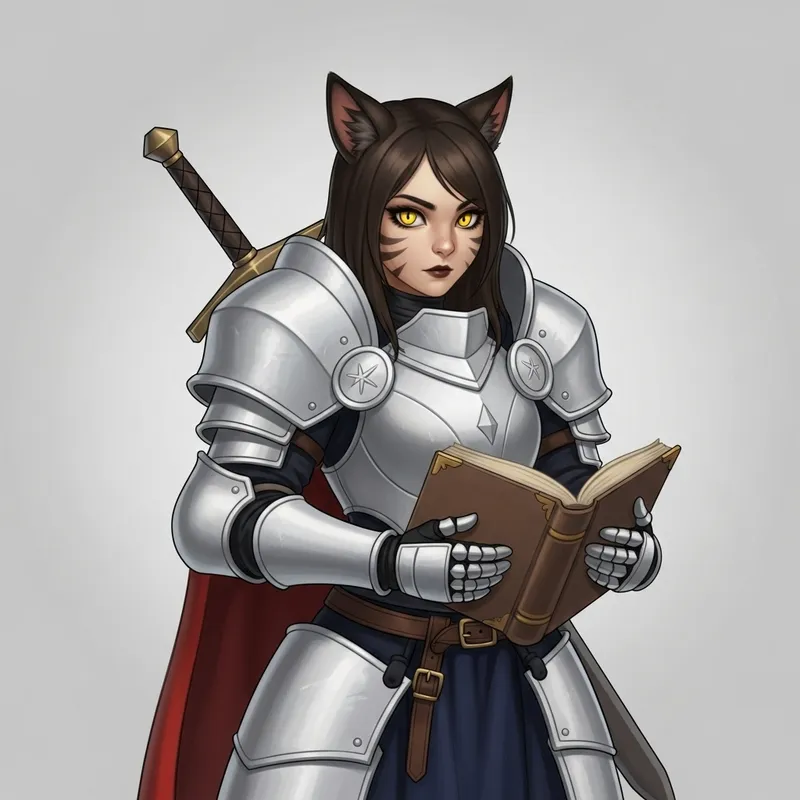 Warrior Girl in White Armor with Yellow Cat Eyes Holding a Book