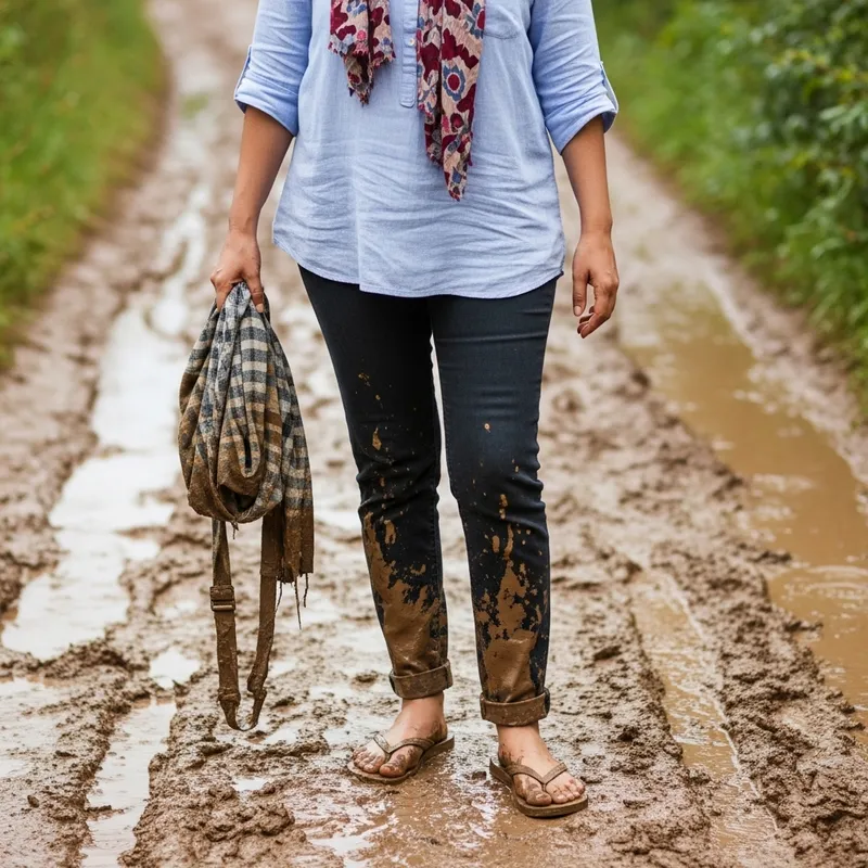 Middle-Eastern Woman in Muddy Flip Flops - Outdoor Adventure Portrait