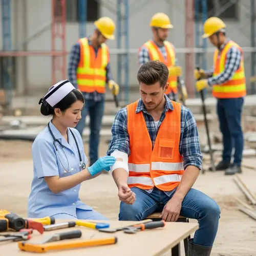 Workplace Injury First Aid: Nurse Helps Construction Worker