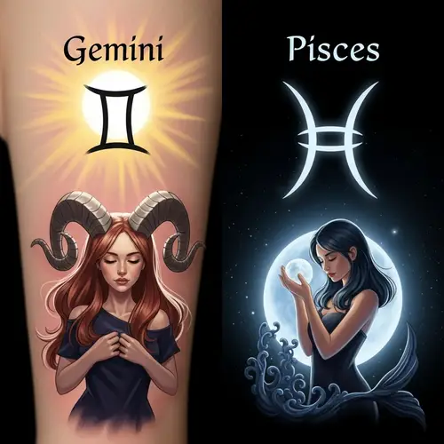 Gemini and Pisces Zodiac Signs Tattoo Design with Soft Pastels