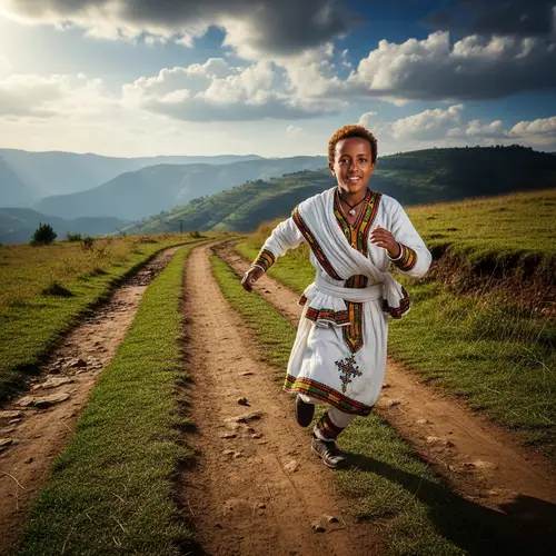 Joyful Ethiopian Boy Running in Beautiful Highlands | Expressive Moment