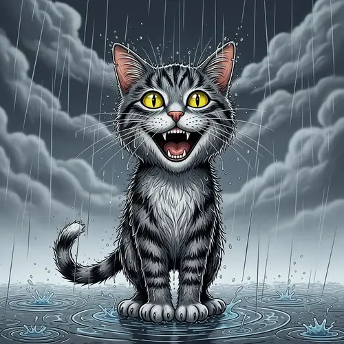Comic Cat in Rain | Illustrated Joyful Feline Art
