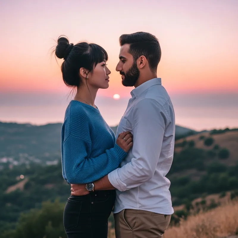 Romantic Multicultural Couple Admiring Sunset on Hilltop Romantic Multicultural Couple Admiring Sunset on Hilltop