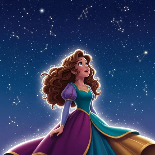 Disney Girl Under Starry Night Sky - Enchanted Scene