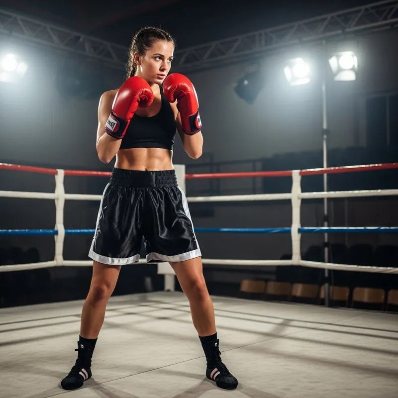 Young Female Boxer in Boxing Ring with Sports Bra