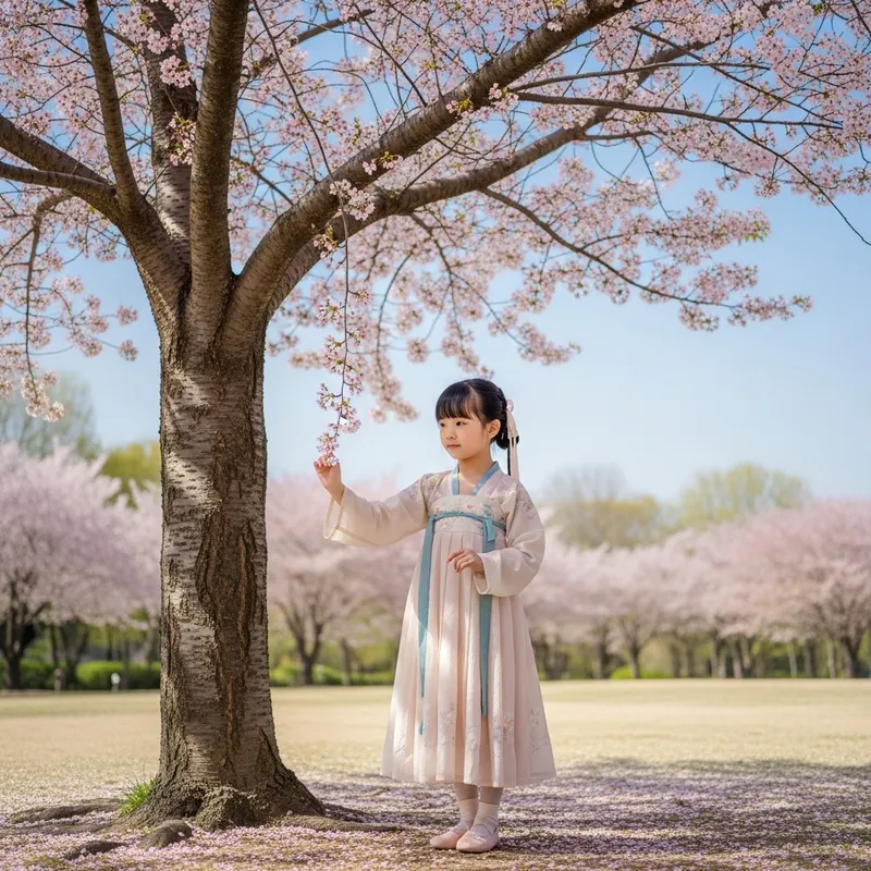 Chinese Girl Under Cherry Blossom Tree at Dusk