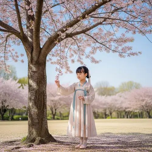Chinese Girl Under Blooming Cherry Blossom Tree