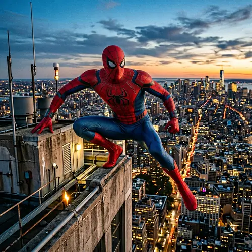 Dynamic Spider Superhero Defending City Skyscraper