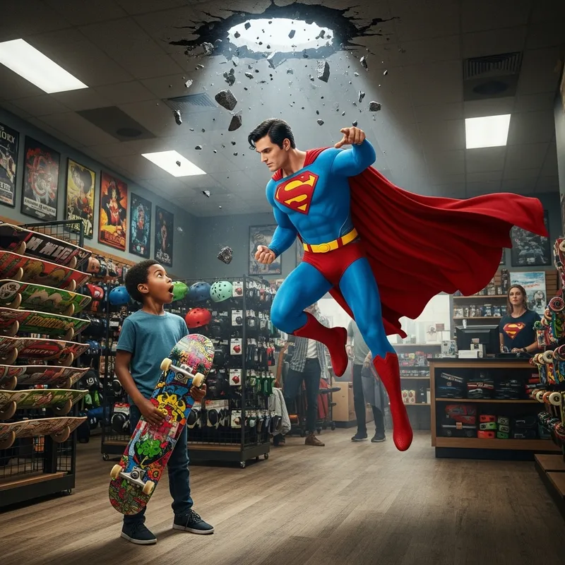 Superhero Superman Intervenes as Black Child Acquires Skateboard