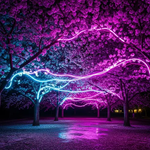 Enchanting Cherry Blossoms Illuminated by Neon Lights