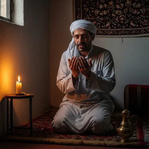 Middle-Eastern Man Praying Devoutly in Humble Setting