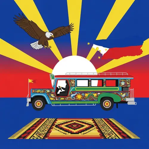 Philippines Digital Art: Eagle, Jeepneys & Banig in Sunset Scene