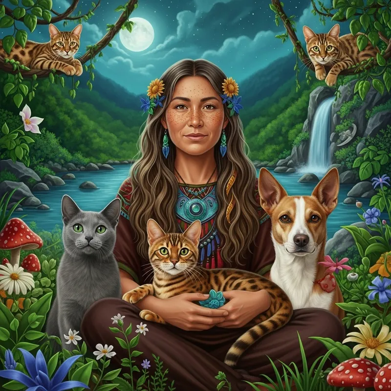 Enchanting Shaman Woman with Golden Bengal Cat and Russian Blue Cat