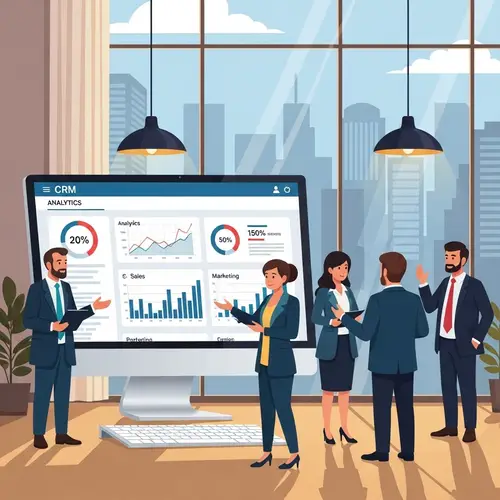 Modern CRM System Illustration: Analytics, Sales Performance, Customer Engagement