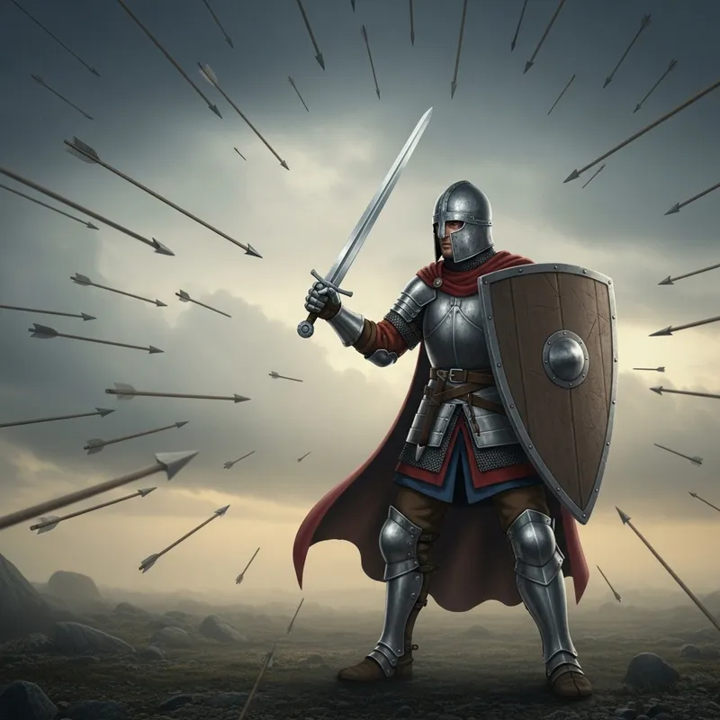 Courageous Cartoon Soldier Facing Hail of Arrows with Sword and Shield