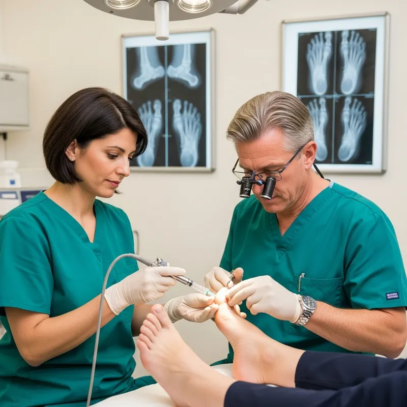 Expert Foot Doctor Injecting Toe with Assistant in Surgical Room