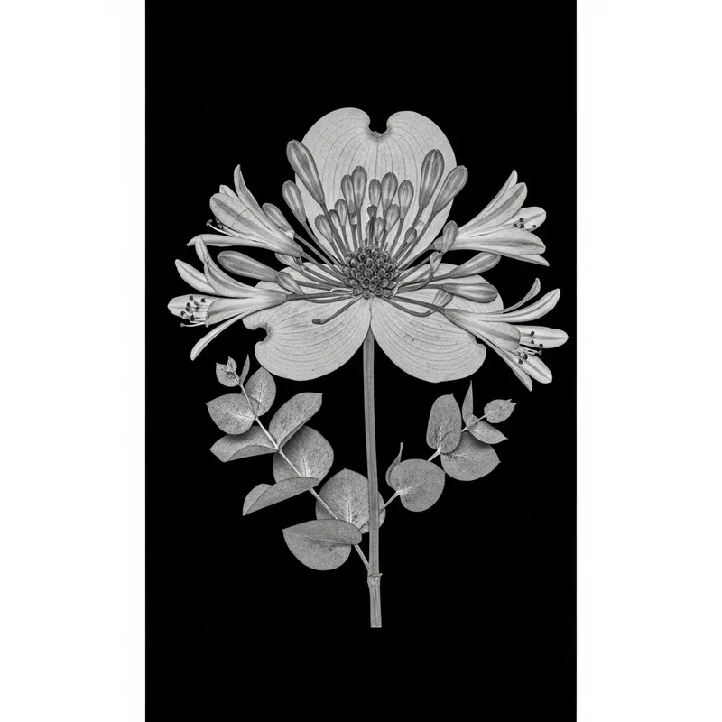 Detailed Pressed Flower: Dogwood, Eucalyptus, Agapanthus Chimera