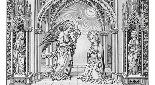 Classic Gothic Style Annunciation Scene Depicting Archangel Gabriel and Virgin Mary