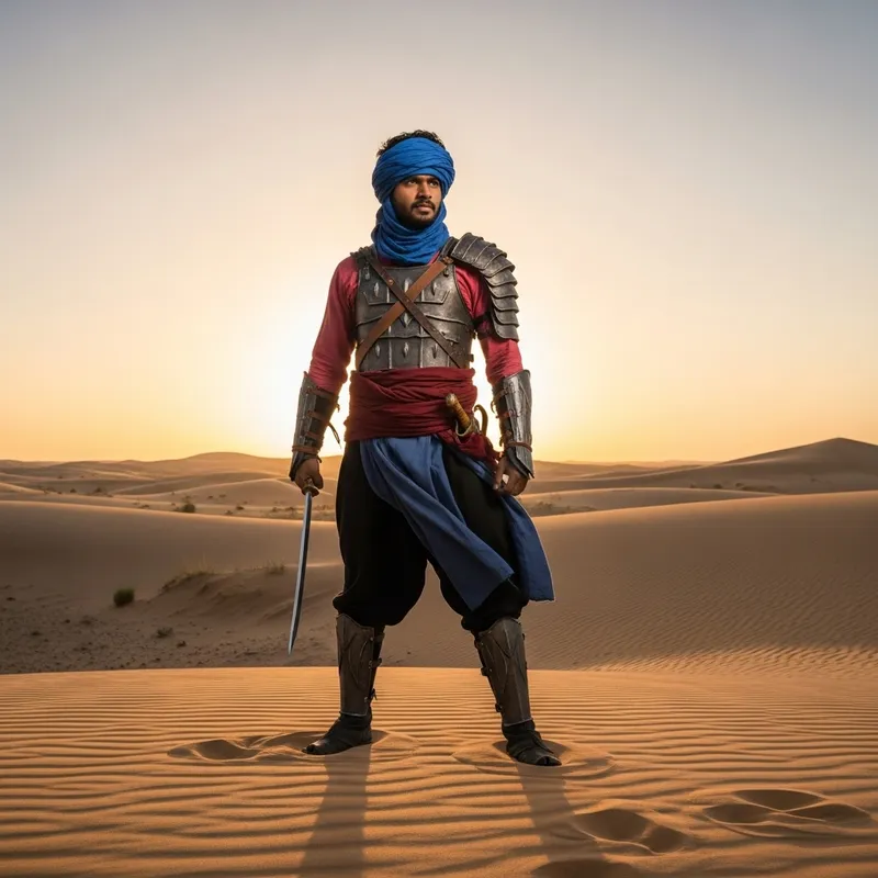 Passionate Warrior at Dawn in Expansive Desert