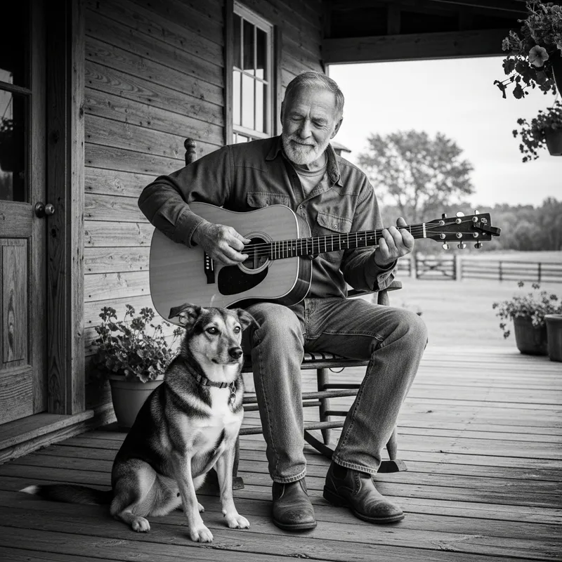 Elderly Man Playing Guitar on Farmhouse Porch with Dog - Vintage Scene Elderly Man Playing Guitar on Farmhouse Porch with Dog - Vintage Scene