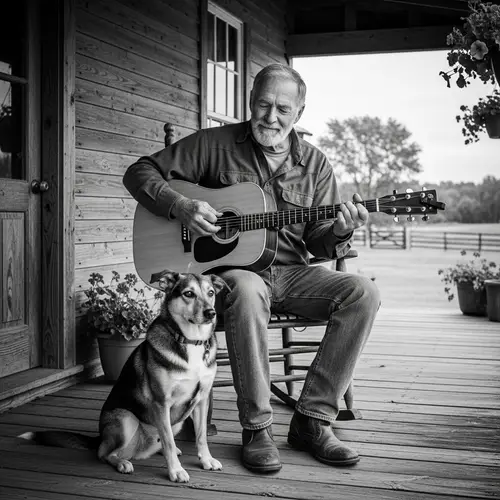 Elderly Man Playing Guitar with Faithful Dog - Rustic Farmhouse Scene