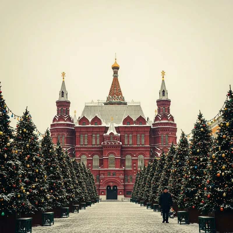 Festive Morning Scene with Snow-Covered Red State Historical Museum in Moscow Festive Morning Scene with Snow-Covered Red State Historical Museum in Moscow
