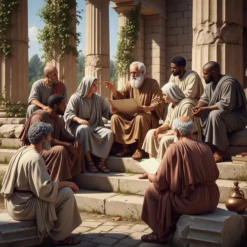 Ancient Greek Philosophers in Sunlit Ruined Temple