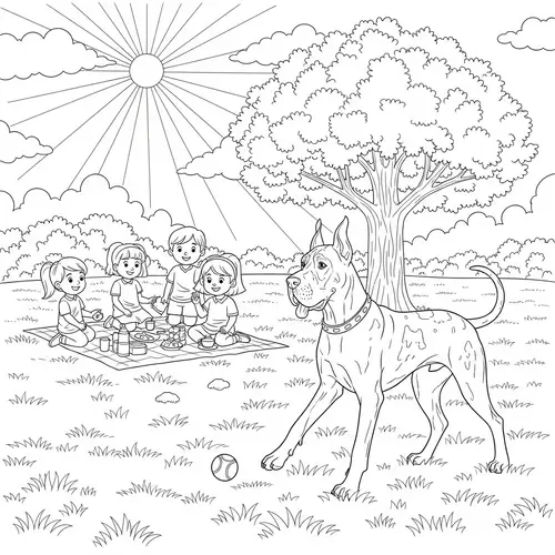 Monochrome Great Dane Playing Fetch in Park - Coloring Book Sketch