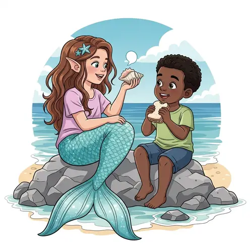 Enchanting Scene of Young Girl with Mermaid Tail and Boy by the Sea