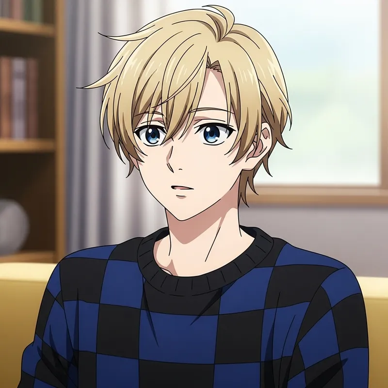 Anime Boy with Light Blonde Hair in Checkered Sweater