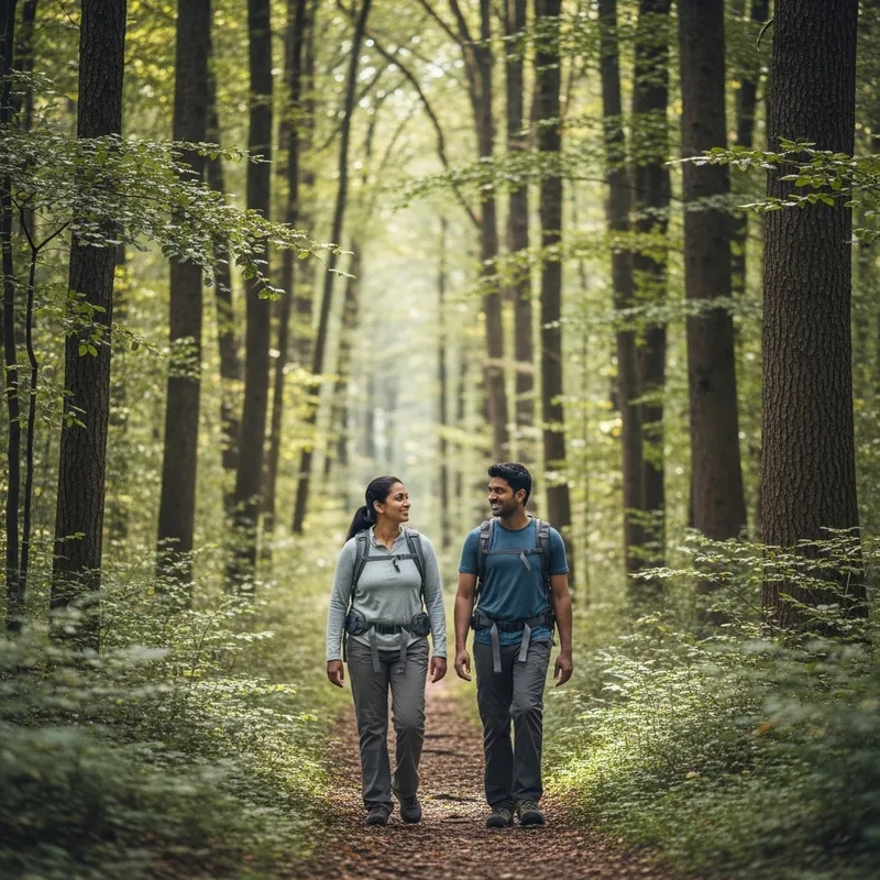 Happy Couple Walking on a Wooded Path - Long Journey
