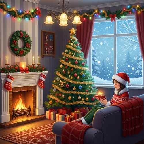 Cozy Christmas Room with Roaring Fireplace and Festive Decor