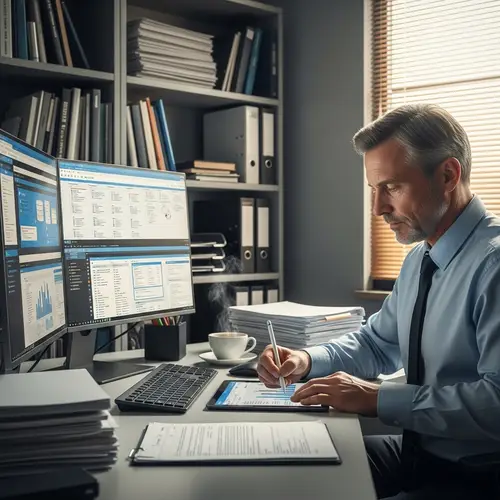 Professional Data Analyst Deep in Thought | Organized Office Scene