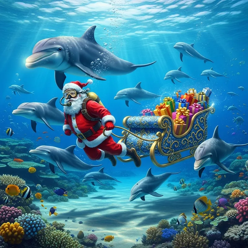 Santa Claus Underwater Delivery with Dolphins | Festive Surprise