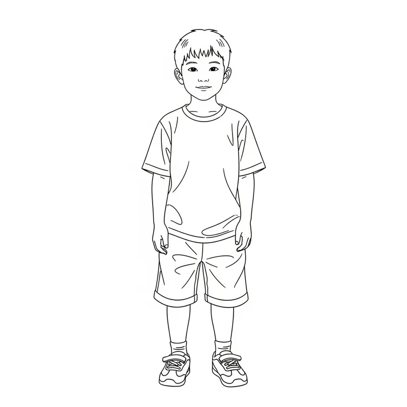 Black and White Sketch of 8-Year-Old Asian Boy